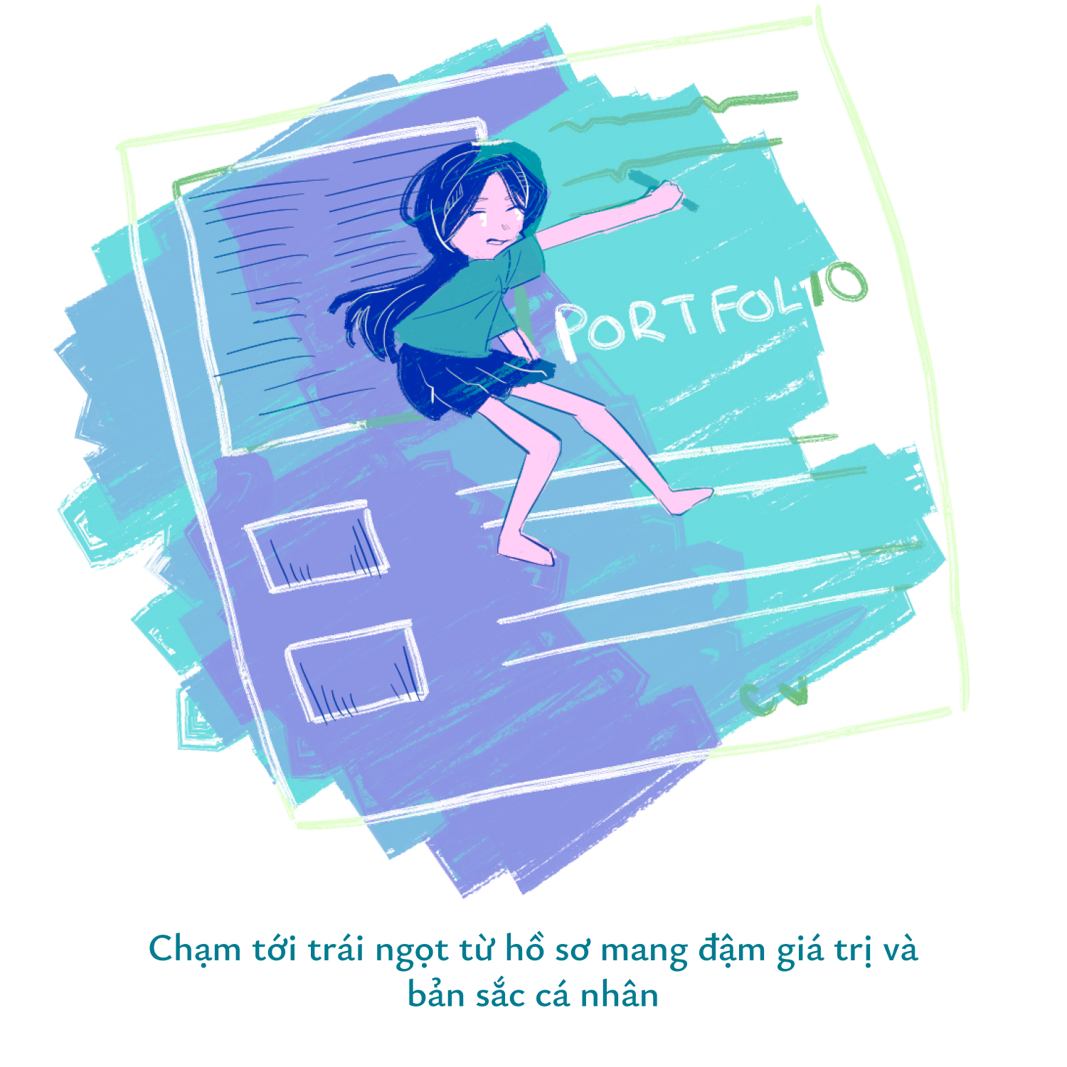 May be a doodle of text that says 'PORTFOL1O PORT FOLTO ー きマン Chạm tới trái ngọt từ hồ sơ mang đậm giá trị và bản sắc cá nhân'
