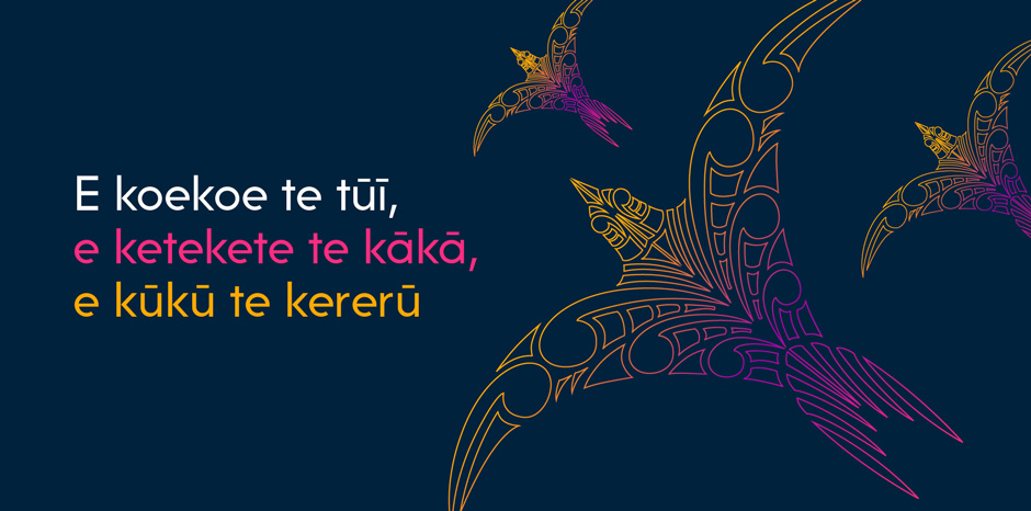E koekoe te Tūī
e ketekete te kākā
e kūkū te kererū
words in white pink and yelow on a dark blue bakcground with three graphics of birds flying.
