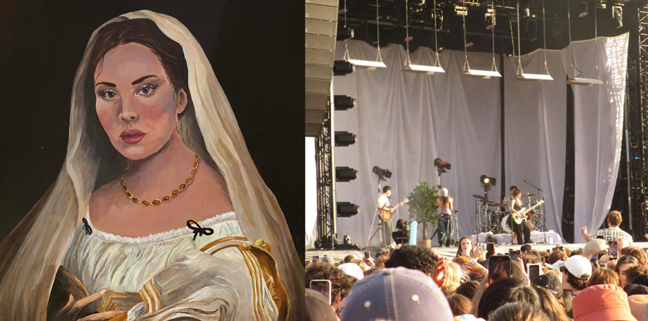 A painting of Lana Del Rey by Ella Johnston, and beabadoobee performing at Laneway In Auckland, 2025.
