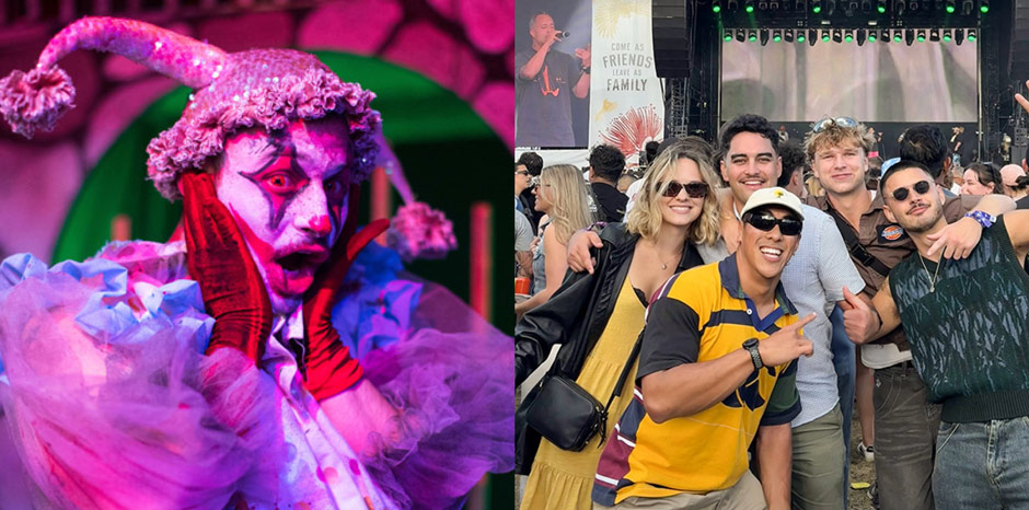 A performer on stage in costume, and a group of people enjoying a concert with the stage behind them.