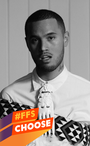 Stan Walker photographed in black and white with the FFS Choose logo at the bottom left of the image in oranges and purples.