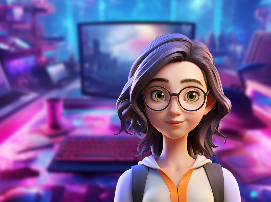 An AI generated character with a tech background in pink, blue and purple, a screen is prominent behind them