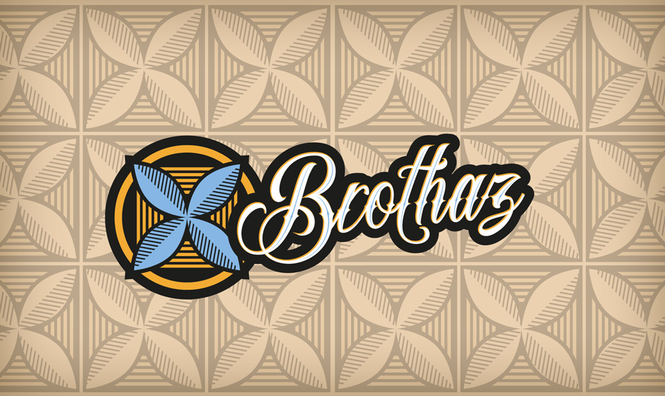A logo consisting of blue and yellow graphic with a stylised word Brothaz on a patterned background