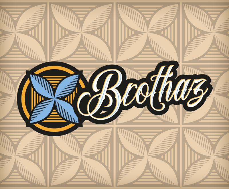 A logo consisting of blue and yellow graphic with a stylised word Brothaz on a patterned background