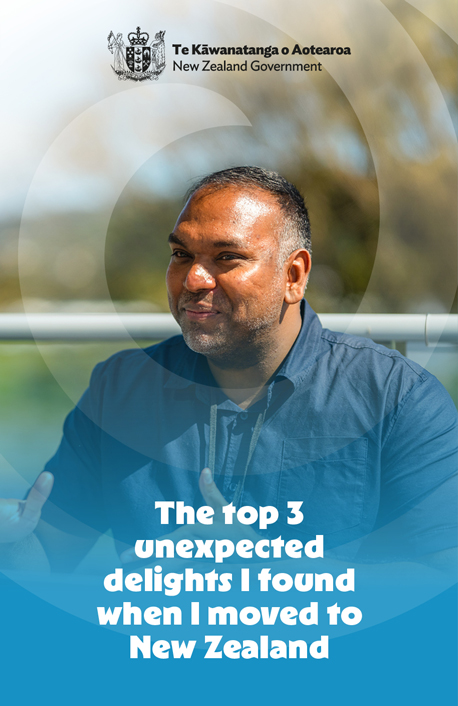 A specialist teacher in an ad with a blue background and white text reading The top 3 unexpected delights I fiund when moving to New Zealand.