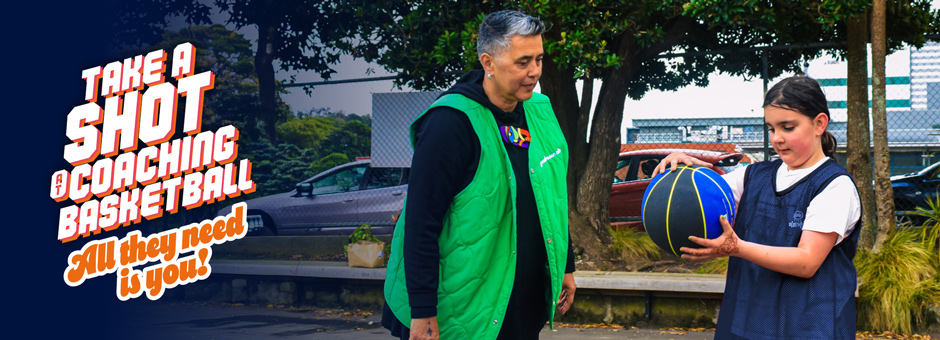 A basketball coach with a young player, the words Take a shot at coaching basketball. All they need is you is in white letters with an orange edge.