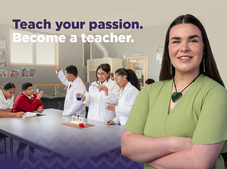 A teacher standing in front of an image of schoolkids in a classroom, text that says "Teach your passion. Become a teacher."