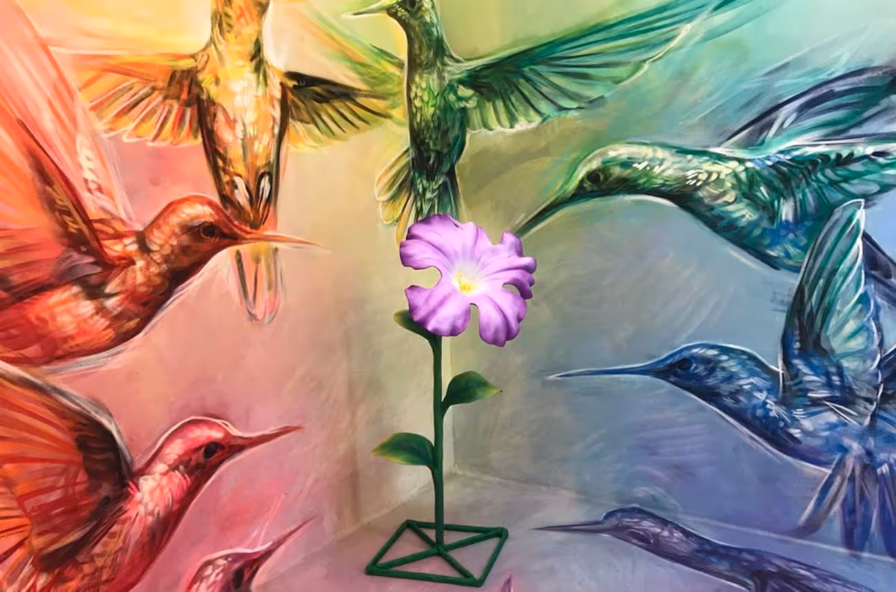 3D Illusion - hummingbirds flying around a flower