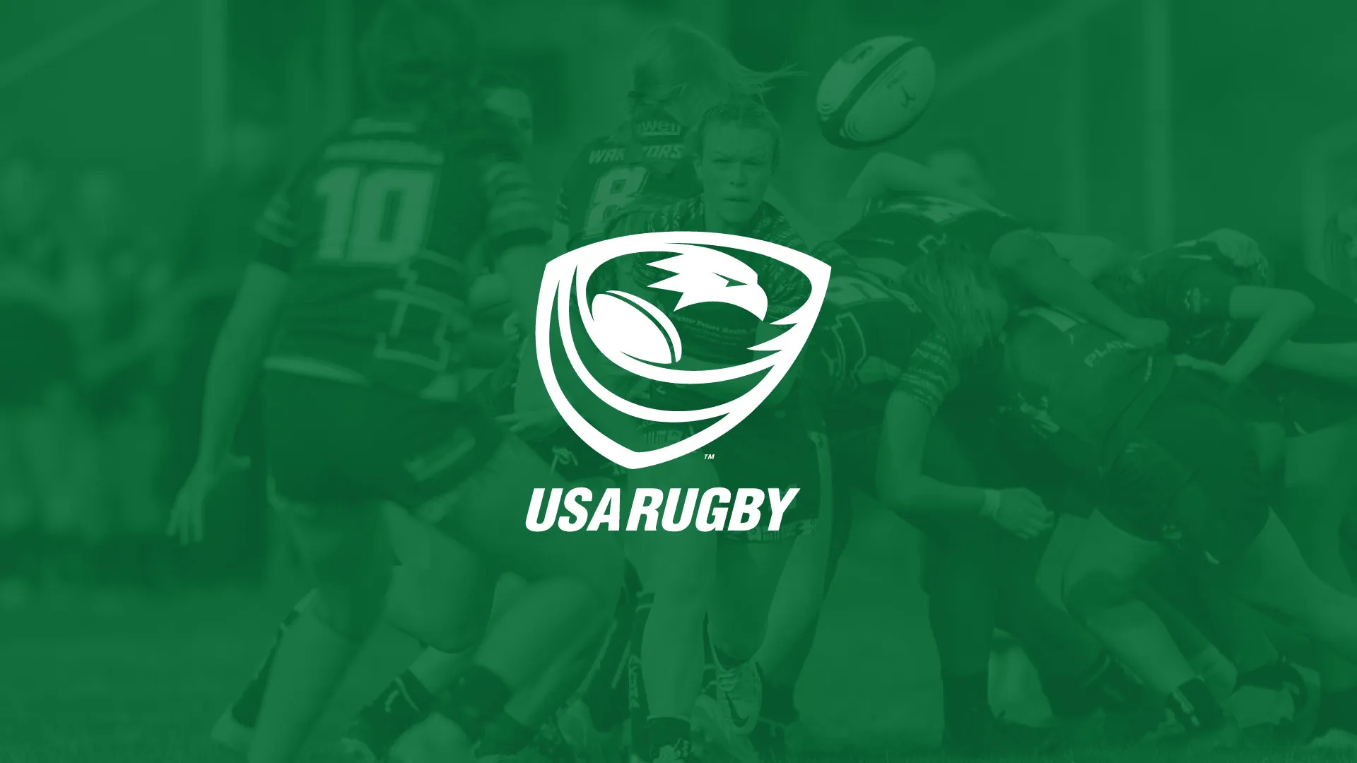 USA Rugby logo with a stylized eagle and rugby ball overlaying a green-tinted image of players engaged in a rugby scrum.