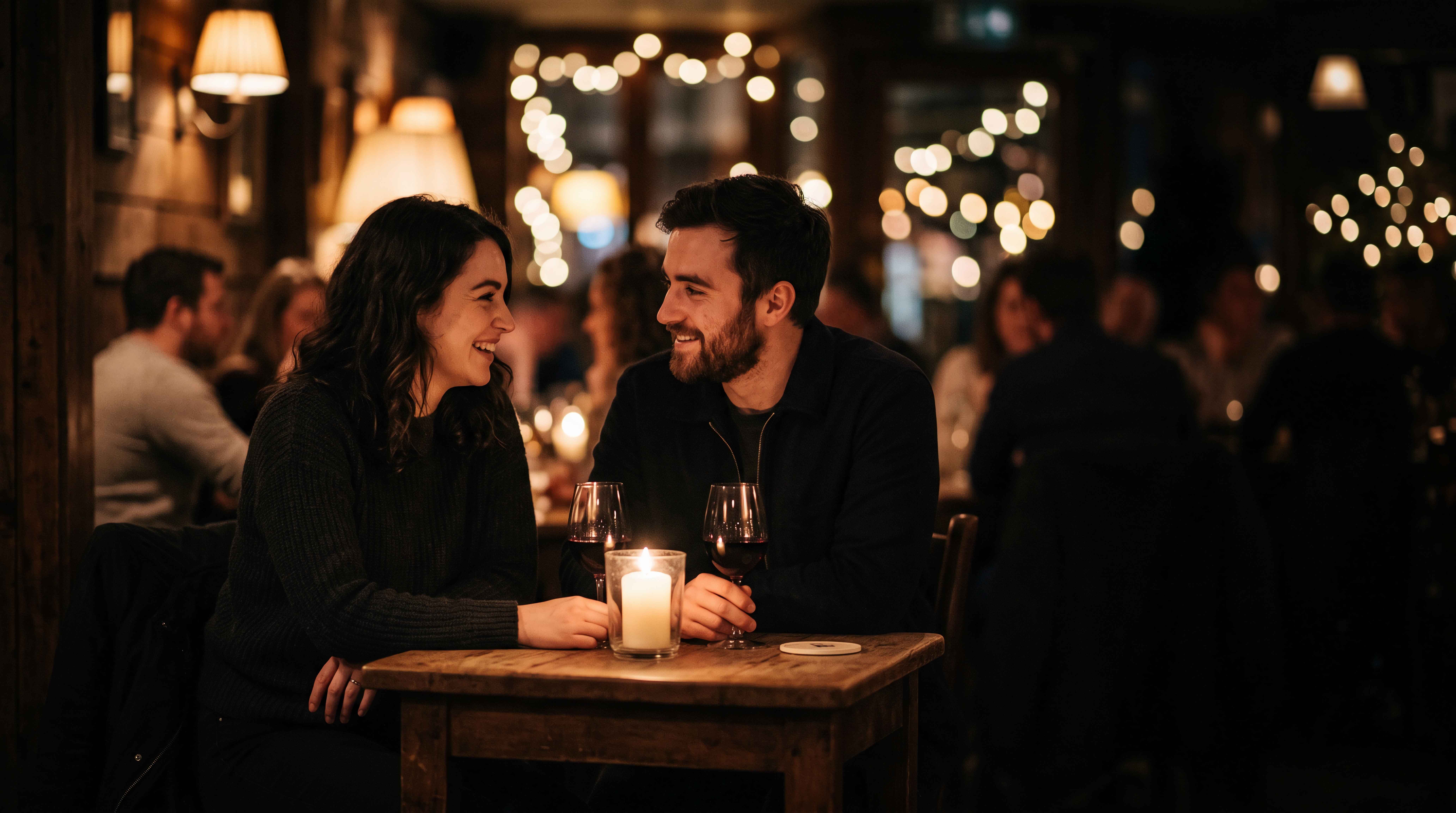 Man and woman smiling at each other over candlelight at a restaurant table