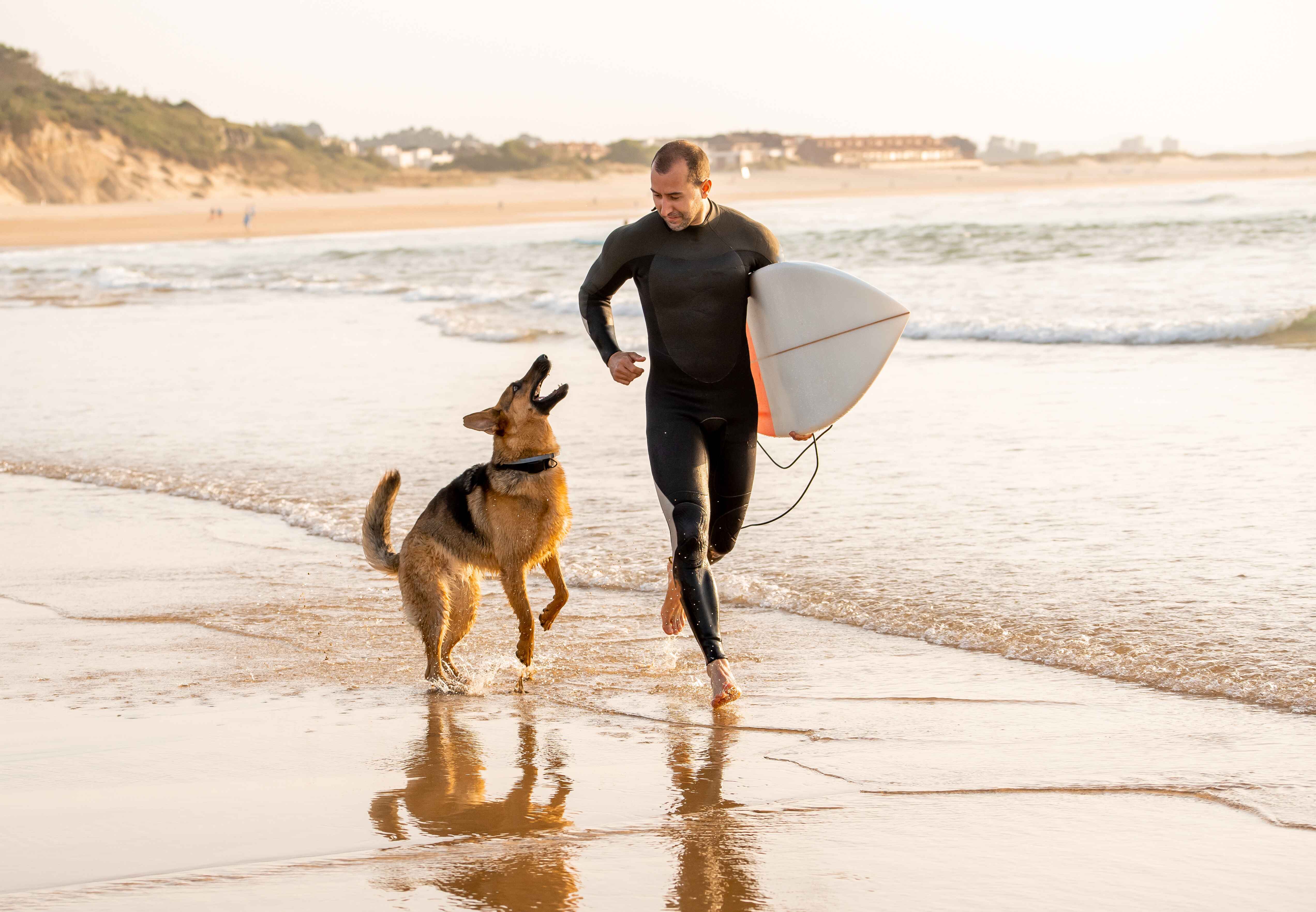 Man running on the beach with a surfboard and his dog