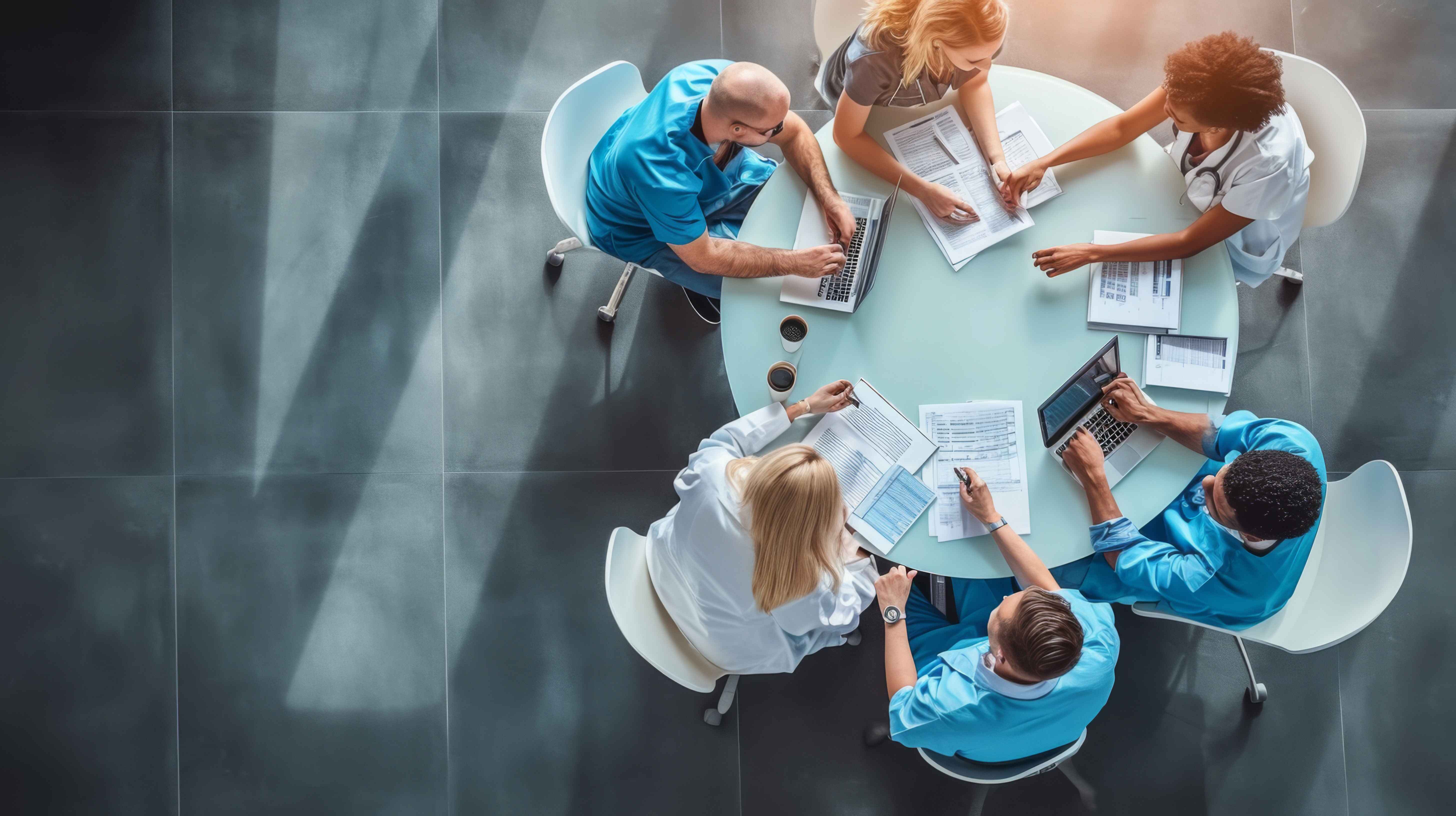 Overhead view of 5 medical professionals in scrubs and white coats working around a round table covered with laptops, paperwork, and coffee cups.