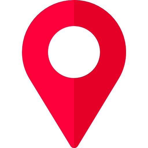 Red map location pin icon with a circular hole in the center.