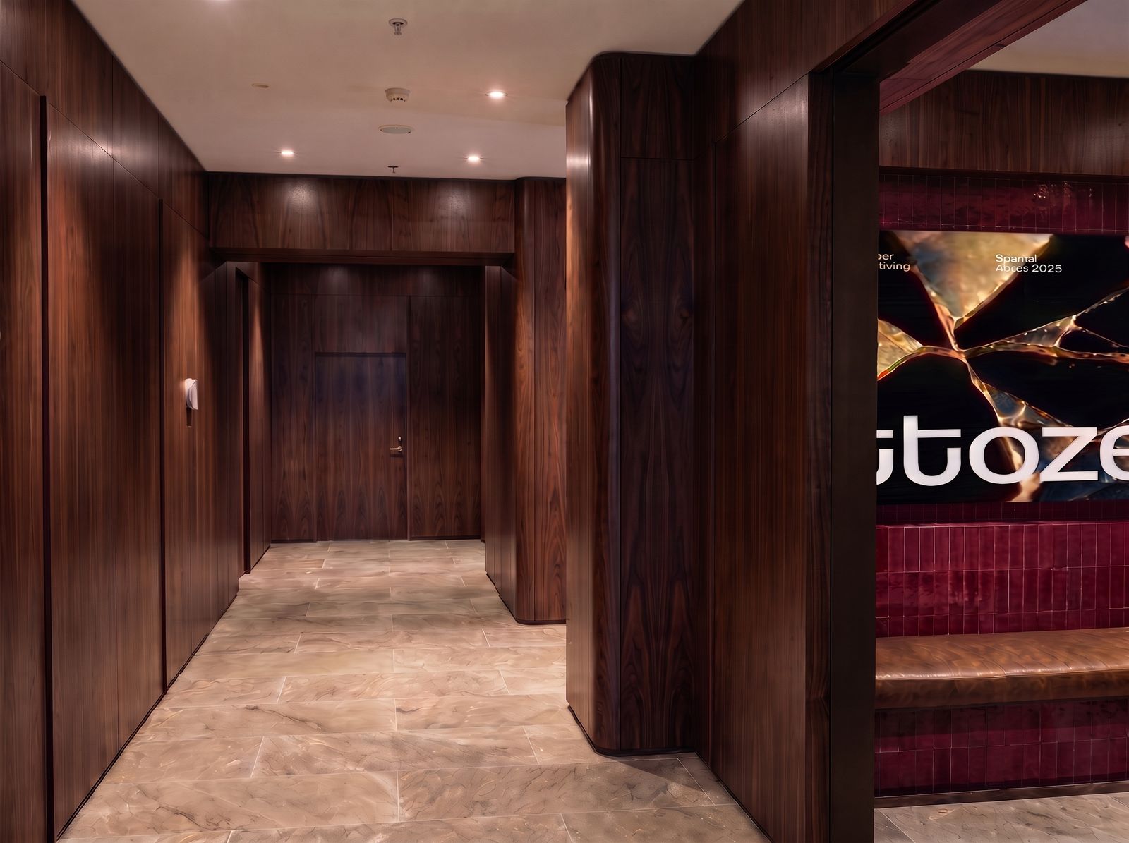 Ground floor lobby with walnut panelling and burgundy tiles, artist's impression