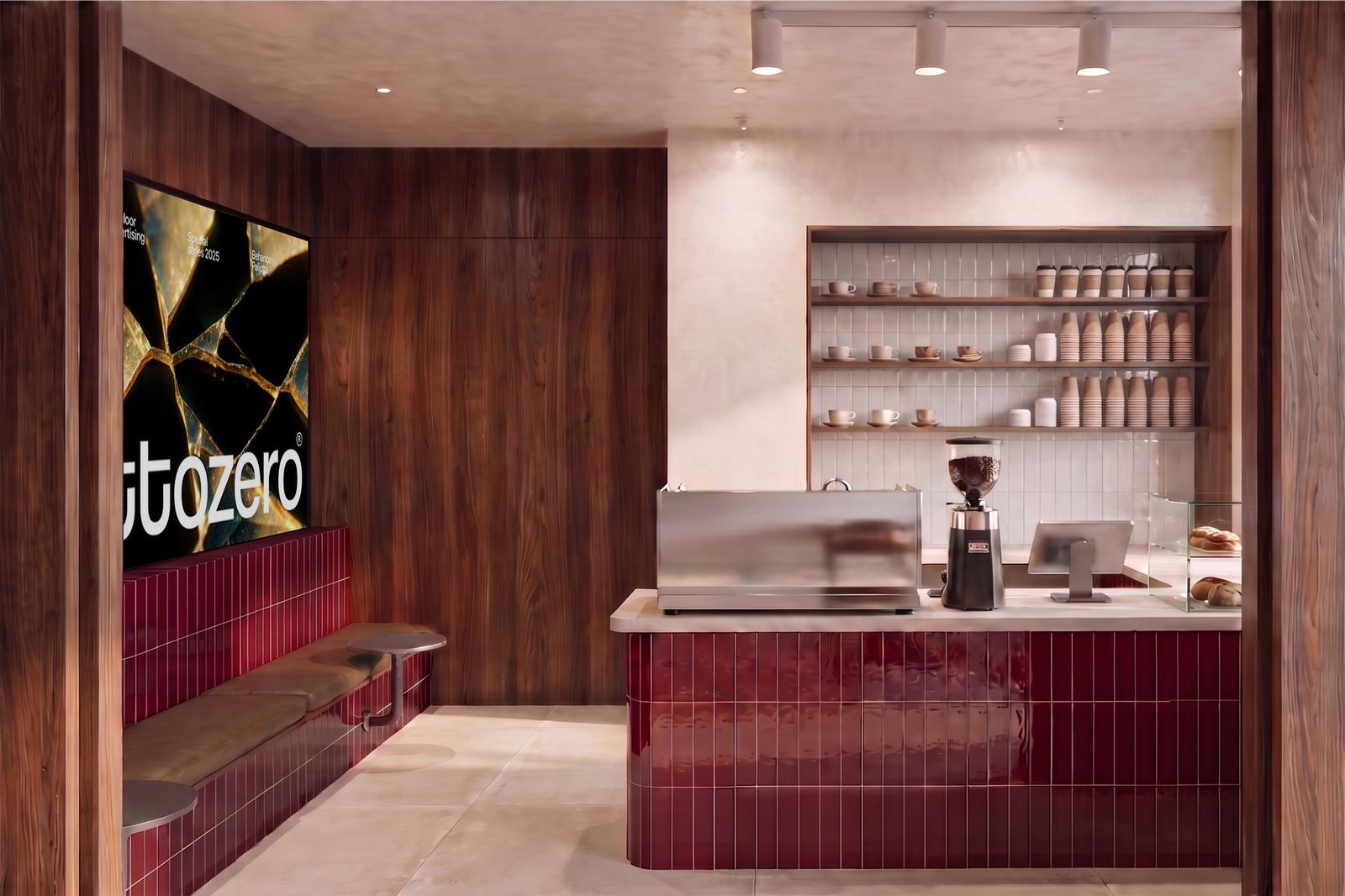 Ground floor café with walnut walls and a burgundy tiled counter, artist's impression