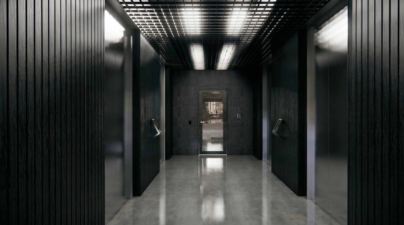 Level 5 end of trip: arrival corridor with dark timber walls and polished floor, artist's impression