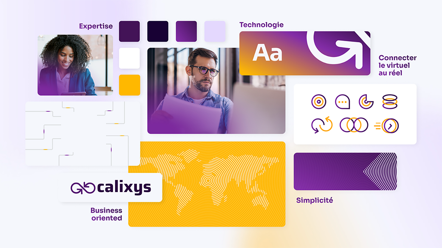 Collage showing business themes with a smiling woman, man holding papers, purple and yellow color palette, icons, world map pattern, and text in French: Expertise, Technologie, Connecter le virtuel au réel, Business oriented, and Simplicité.