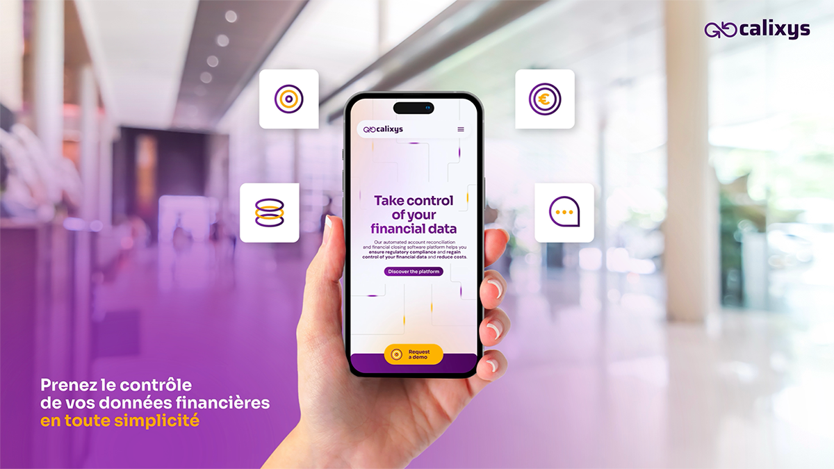 Hand holding a smartphone displaying Calixys platform with text about taking control of financial data, surrounded by four financial icons, on a blurred office background.