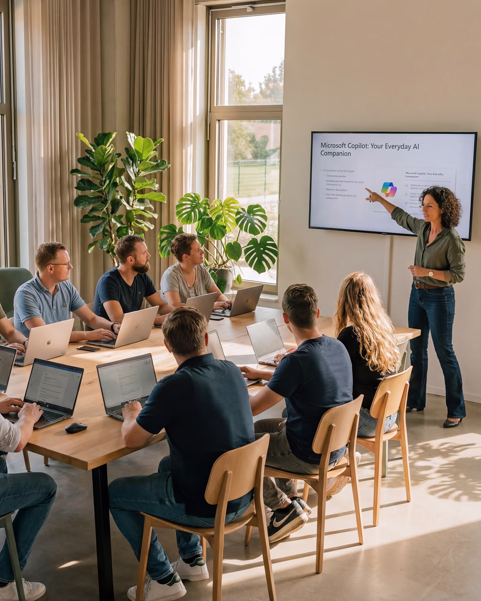 Frau präsentiert einer Gruppe von Personen mit Laptops die Microsoft Copilot KI-Software in einem modernen Konferenzraum mit Pflanzen und großem Fenster.