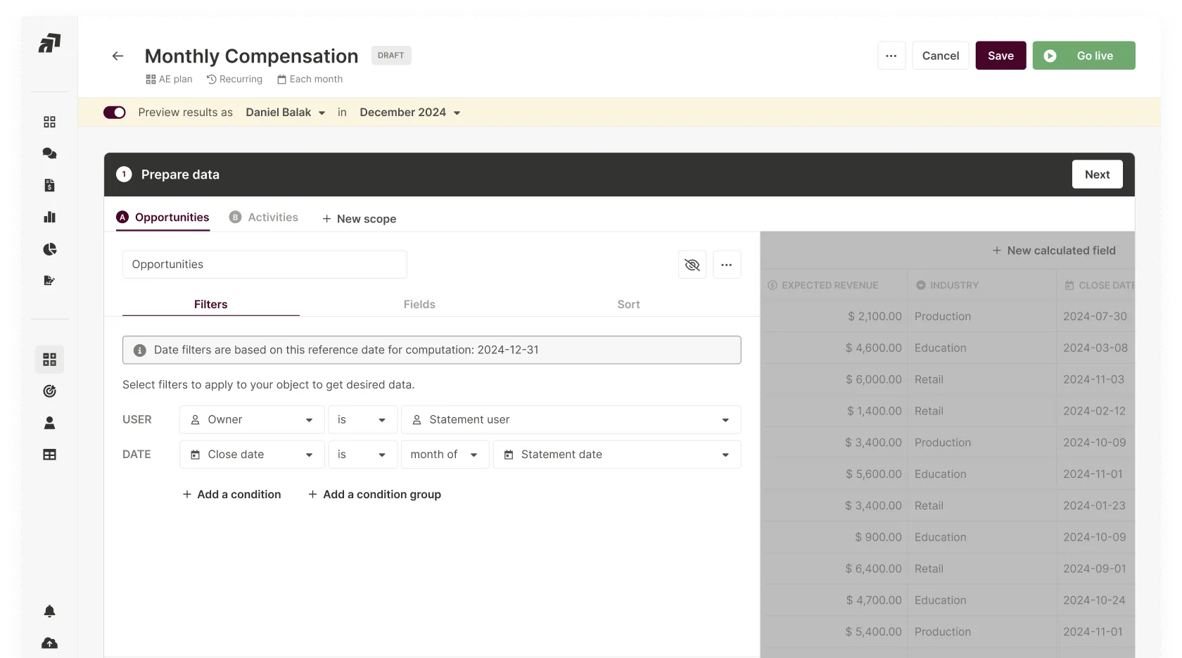 Preparing CRM data in Qobra: filter the opportunities that feed a commission plan.
