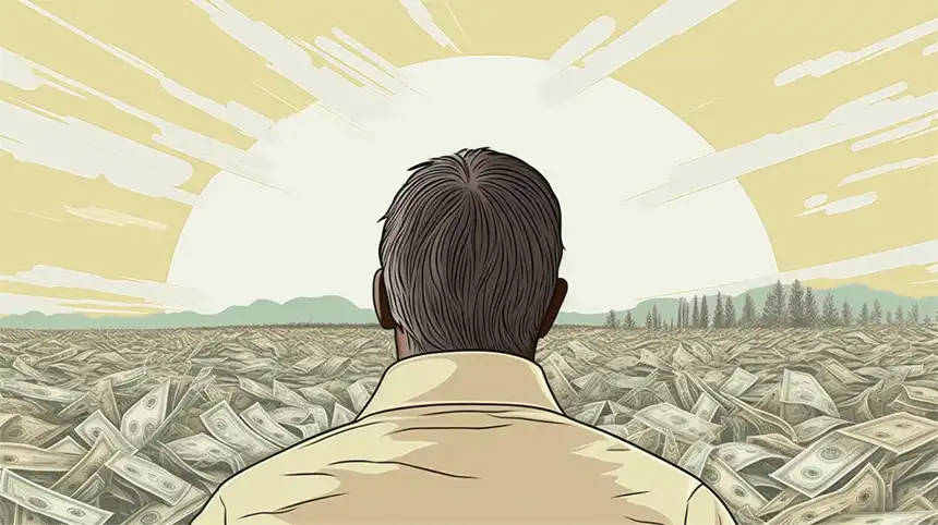 Illustration of a character seen gfrom the back looking into a pile of money