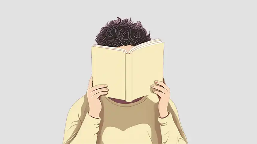 Illustration of a character reading a book tha covers his face