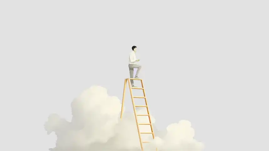 Illustration of a character on top of a ladder, above the clouds, looking into the unknown
