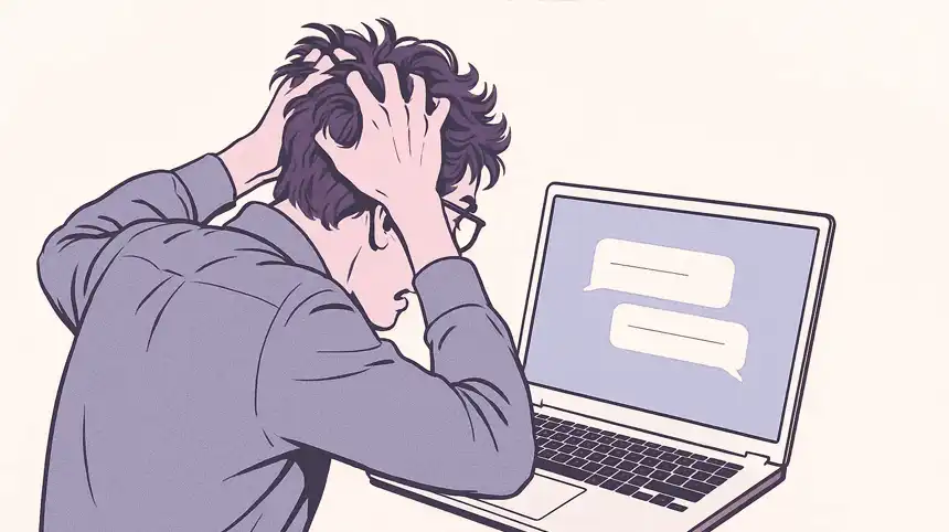Illustration of man stressed out pulling his hair in front of the computer