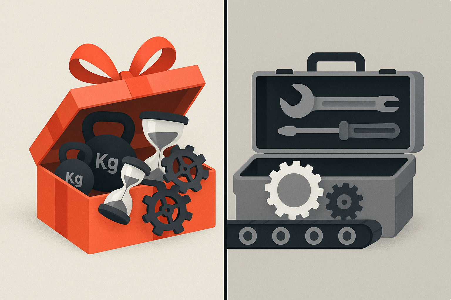 Split graphic contrasting hidden heavy weights in a free toolbox versus smooth gears in a paid toolkit