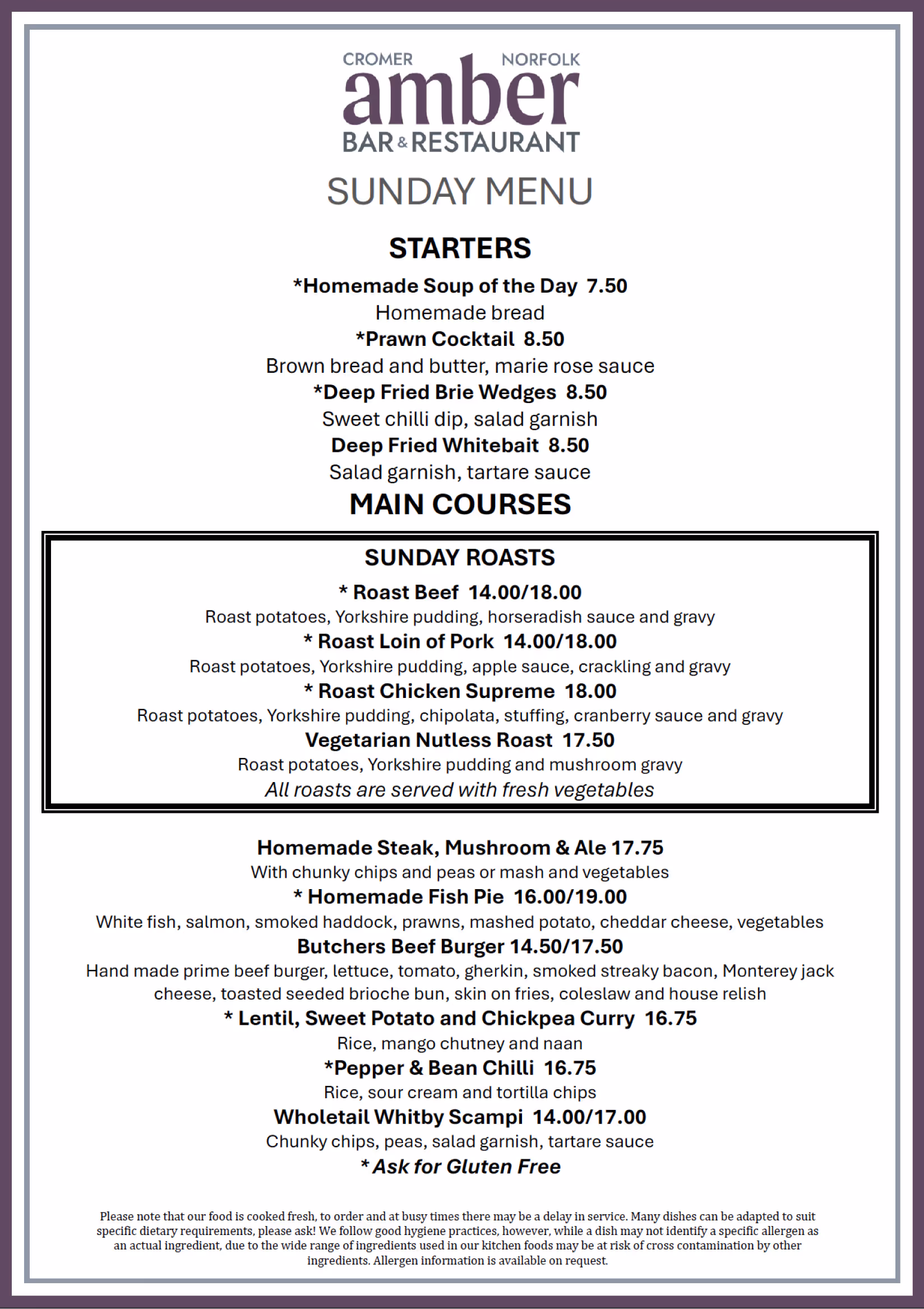 Amber Sunday Menu Jan 2026