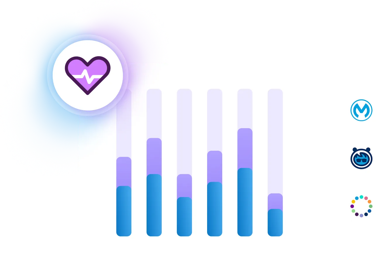 Abstract illustration of a heart with heartbeat icon next to a vertical bar chart with six bars in varying blue and purple shades.
