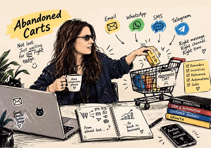 Illustration: trigger emails win back customers from abandoned carts via email, WhatsApp, SMS and Telegram