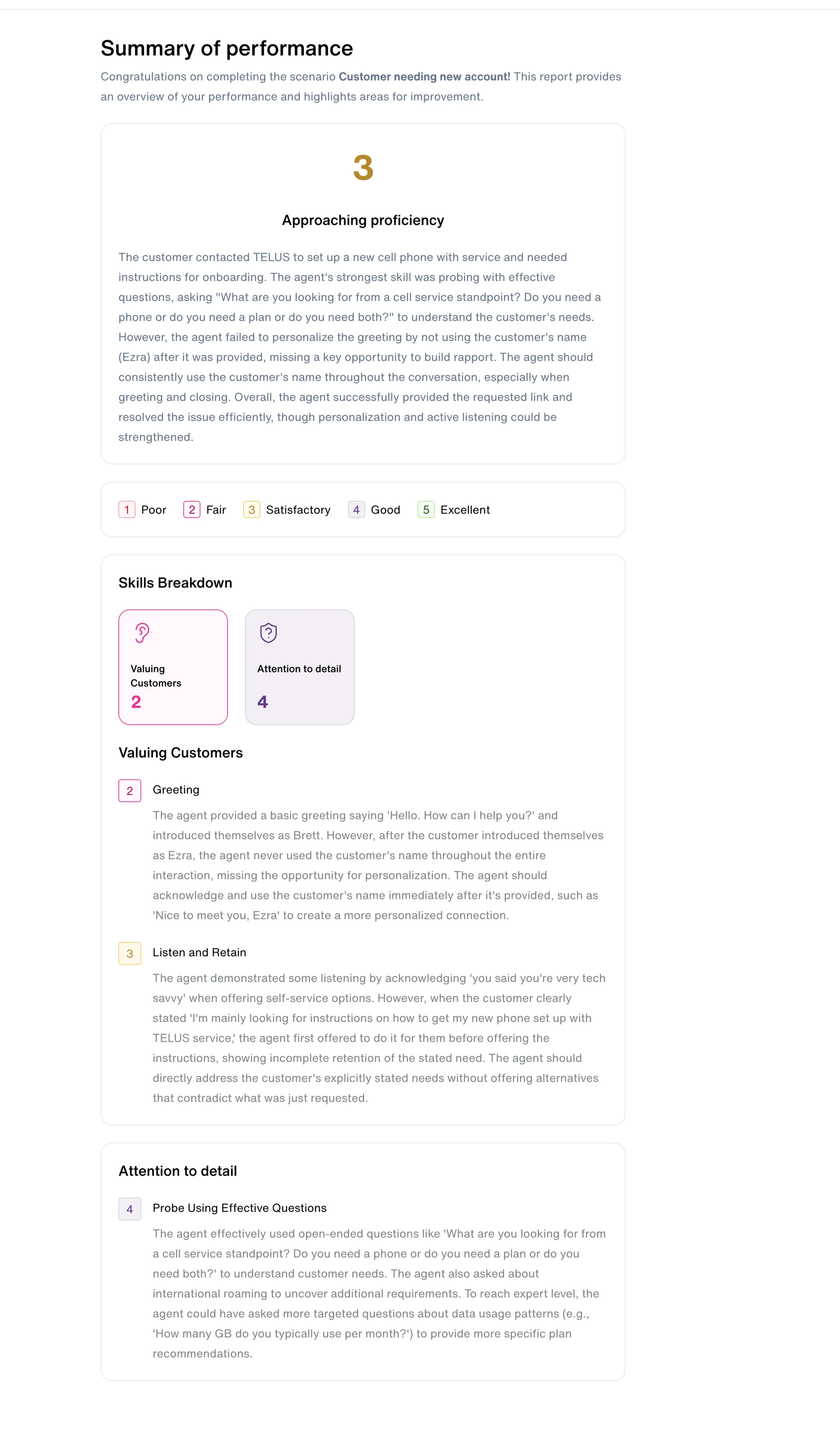 A performance summary dashboard showing how CX leaders use AI to improve agent retention by identifying skill gaps in real-time simulations.