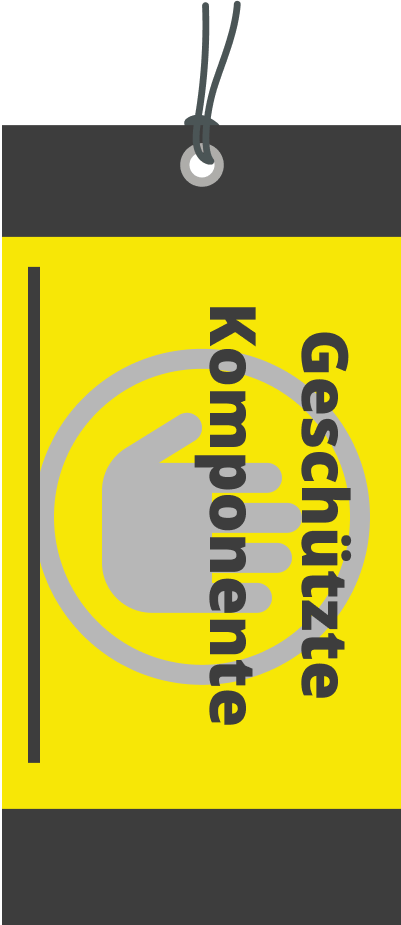 Protected Equipment Etikette. Ein gelbes Etikett mit einem grauen Handsymbol und dem Text 'Geschützte komponente'.