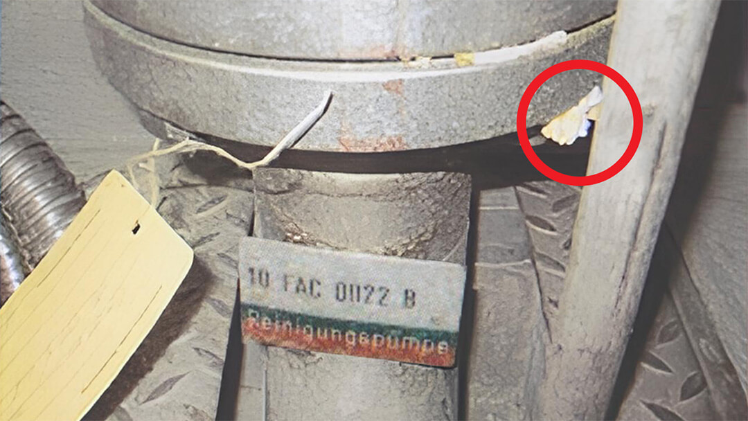 Leckage. Nahaufnahme eines Metallrohres mit einem roten Kreis um abgeschälte Farbe an einem Stützrohr.