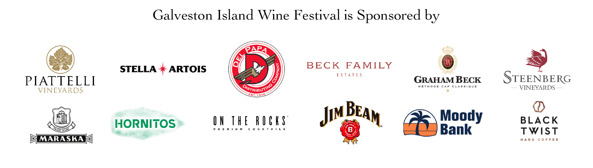 The image displays the sponsors of the Galveston Island Wine Festival, including Stella Artois, Beck Family Estates, Graham Beck Wines, Hornitos, On the Rocks Premium Cocktails, Jim Beam, and Moody Bank.