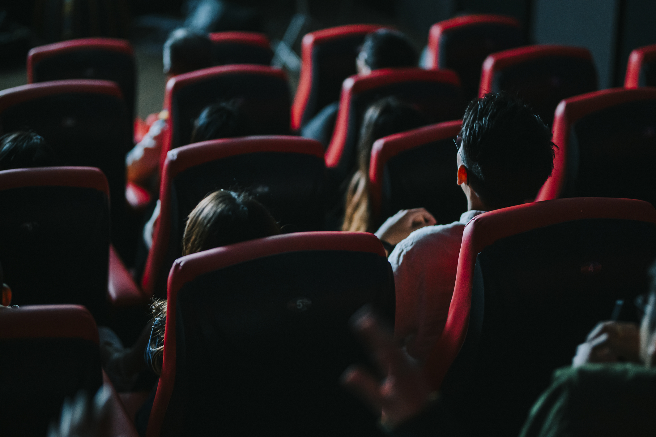 Rows of red theater seats fill the frame, with the dim lighting creating a sense of anticipation in the darkened auditorium.

