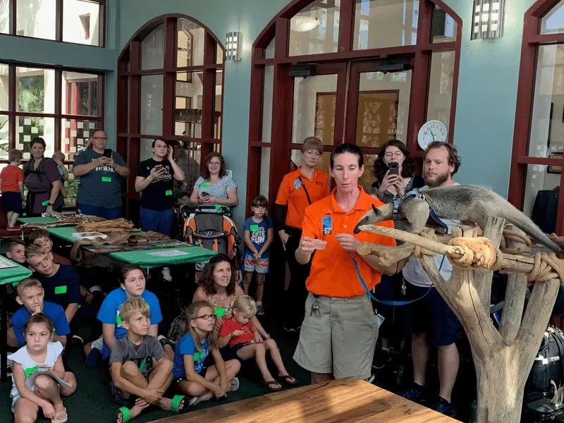 Biologist Heather Samper instructions a homeschool group during a live animal presentation featuring an anteater in the Learning Place educational building at Moody Gardens.