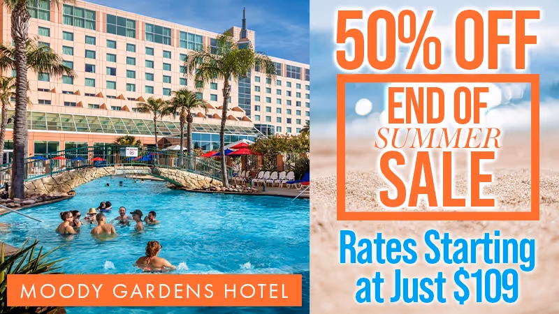 The image shows a hotel pool area with people swimming and relaxing, surrounded by palm trees and a large hotel building in the background. A prominent sign advertises an "End of Summer Sale" with 50% off rates starting at just $109.