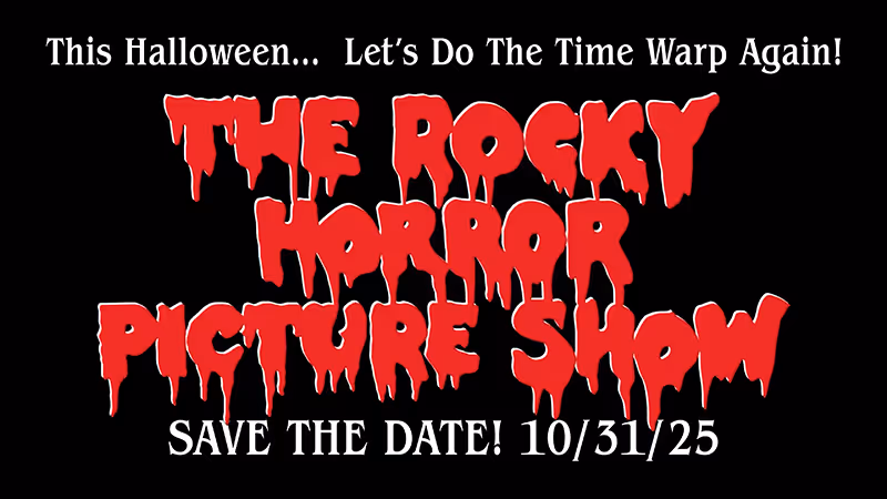 A save the date graphic for The Rocky Horror Picture Show at Moody Gardens MG3D Theater in Galveston, Texas