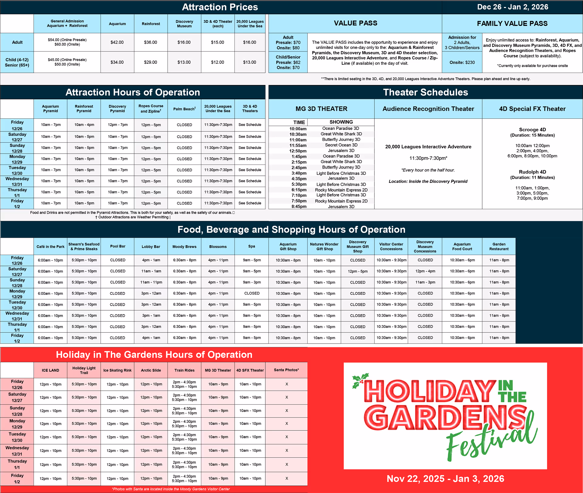 Attraction Prices, Hours of Operation, Theater Schedules, Food and Shopping Hours, and Holiday in The Gardens Hours for Dec 26 to Jan 2, 2026, including ticket prices, schedules for aquarium, rainforest, discovery museum, theaters, food bars, and holiday event details from Nov 22, 2025 to Jan 3, 2026.