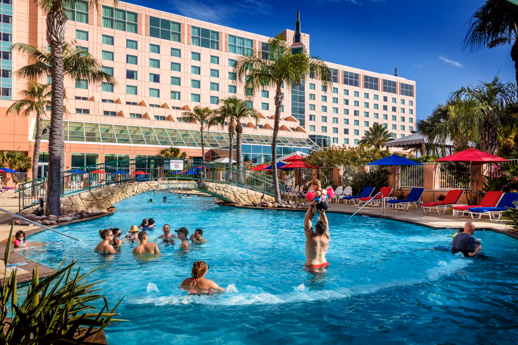 The Discovery Museum framed by roses and palm trees against a slightly cloudy, blue sky.