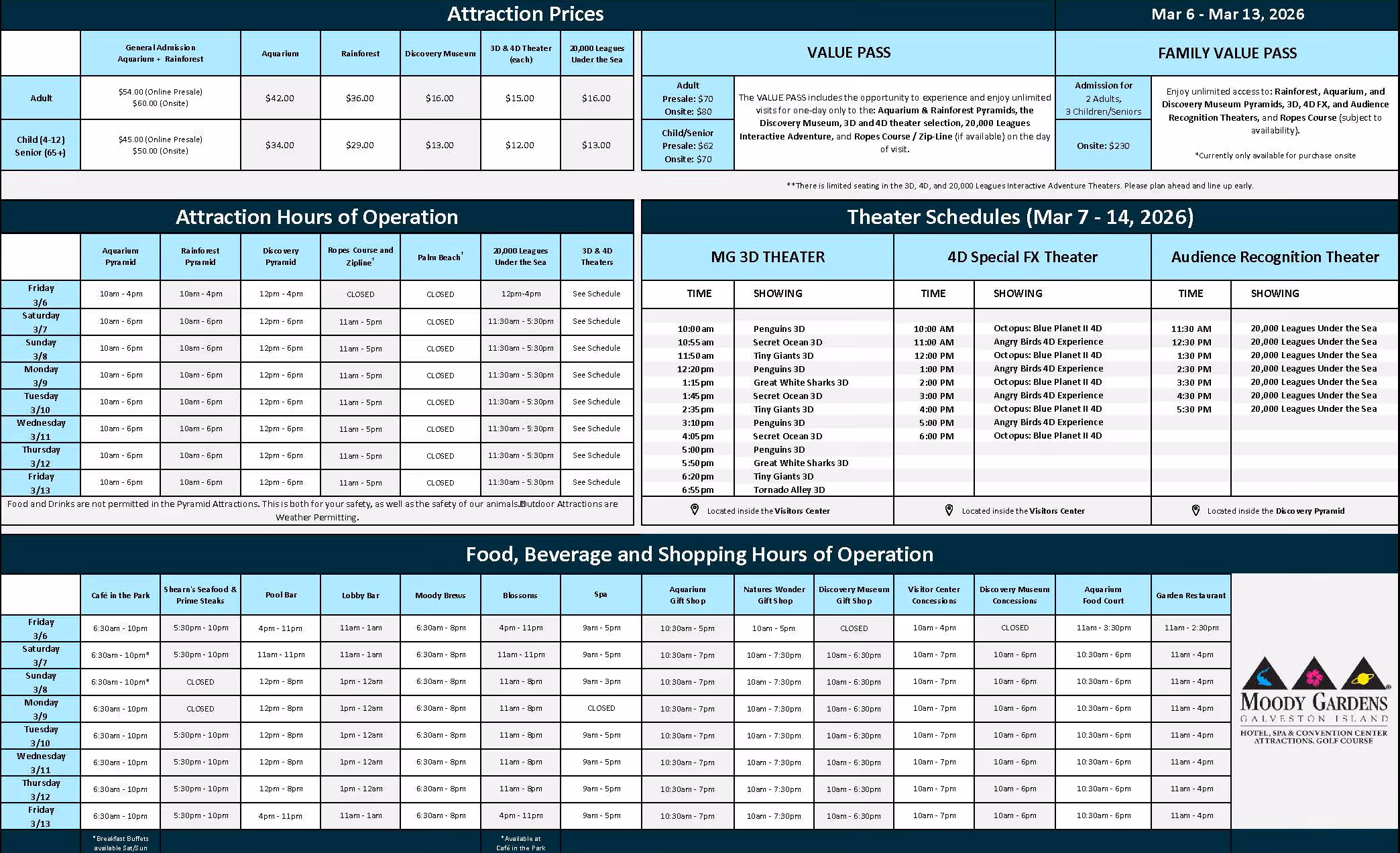 Weekly hours for Moody Gardens in Galveston, Texas