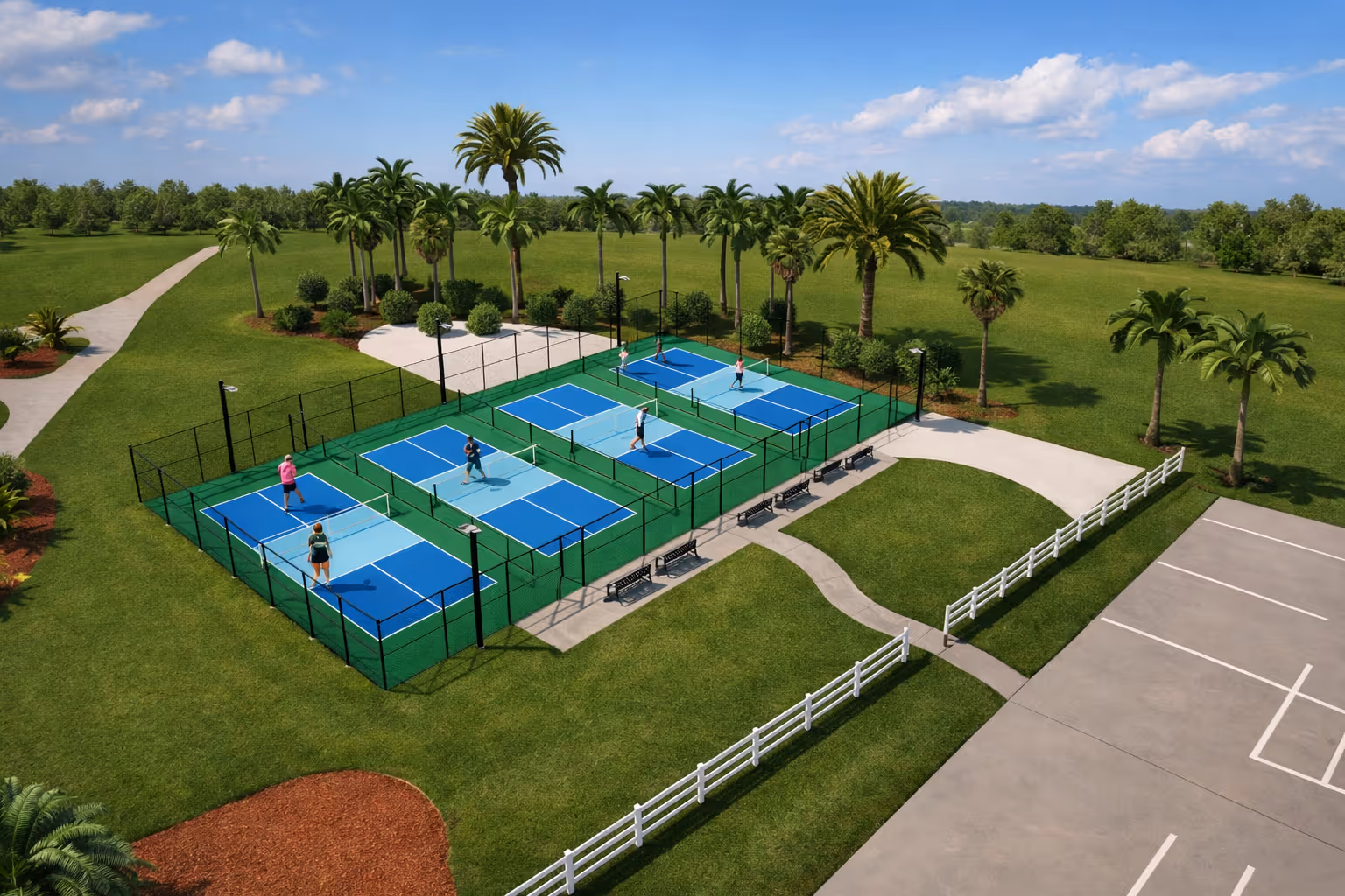 A long view of the Moody Gardens Golf Course as seen from an aerial oblique while the sun is setting casting a warm glow across the greens. 