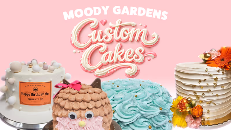 Four Moody Gardens custom cakes, including a champagne-label birthday cake and a floral tiered cake