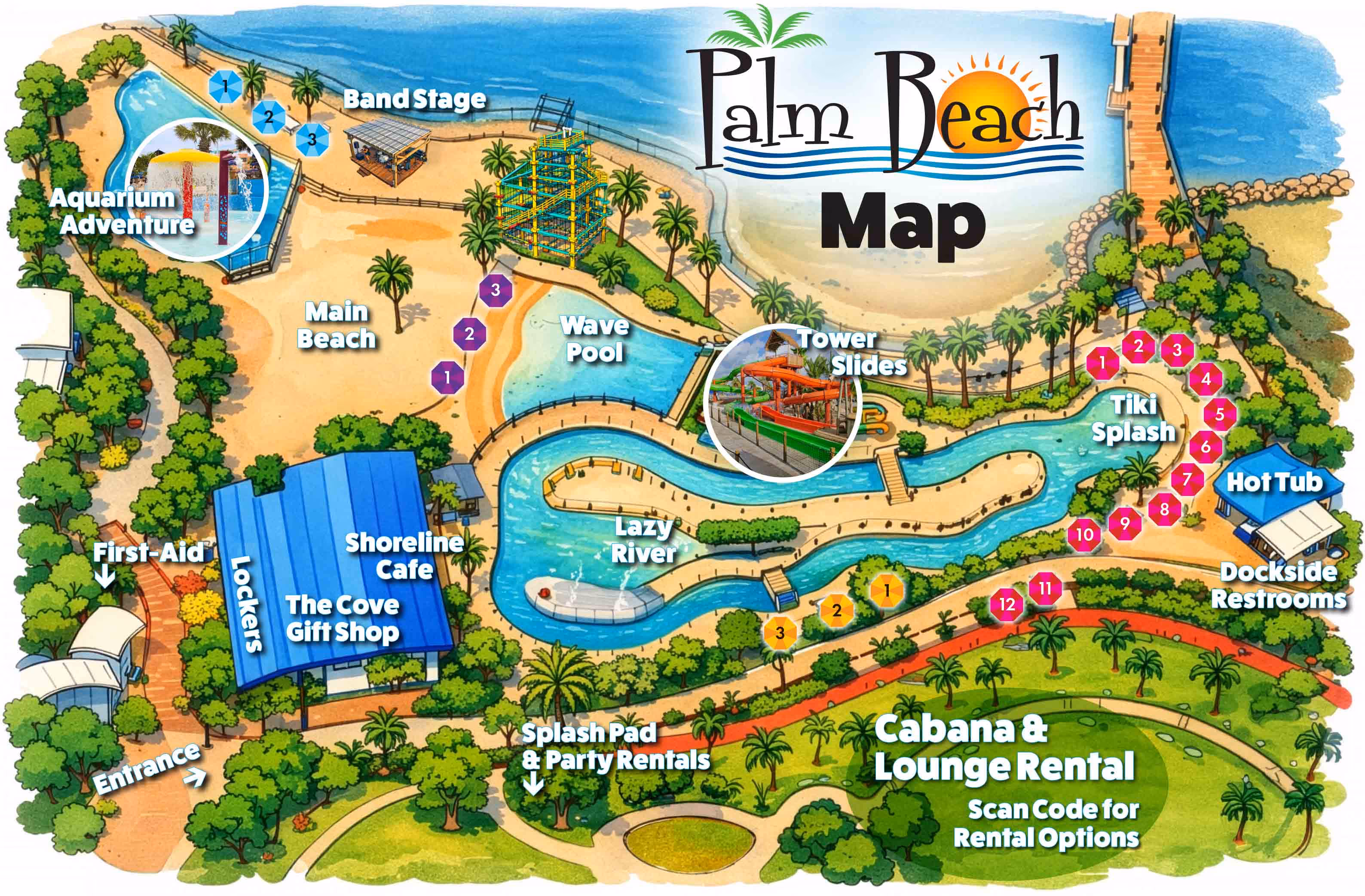 Colorful illustrated map of Palm Beach water park featuring labeled attractions: Aquarium Adventure, Band Stage, Main Beach, Wave Pool, Tower Slides, Tiki Splash, Hot Tub, Dockside Restrooms, Lazy River, Lockers, Shoreline Cafe, The Cove Gift Shop, Entrance, First-Aid, Splash Pad & Party Rentals, and Cabana & Lounge Rental area.