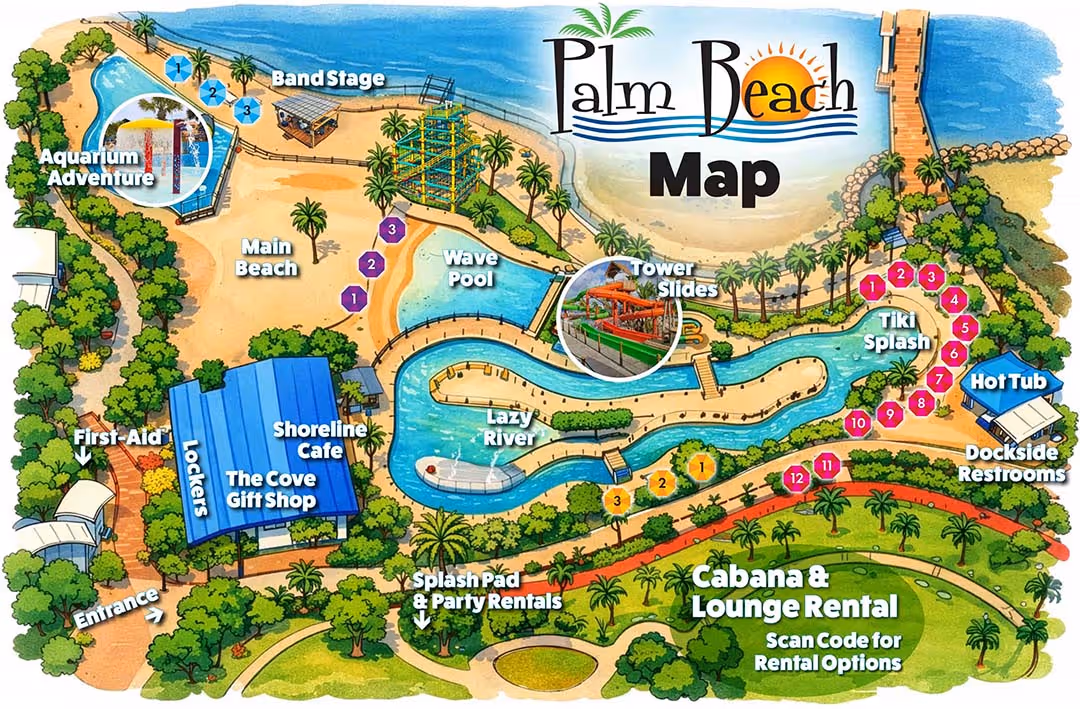 Colorful illustrated map of Palm Beach water park featuring labeled attractions: Aquarium Adventure, Band Stage, Main Beach, Wave Pool, Tower Slides, Tiki Splash, Hot Tub, Dockside Restrooms, Lazy River, Lockers, Shoreline Cafe, The Cove Gift Shop, Entrance, First-Aid, Splash Pad & Party Rentals, and Cabana & Lounge Rental area.