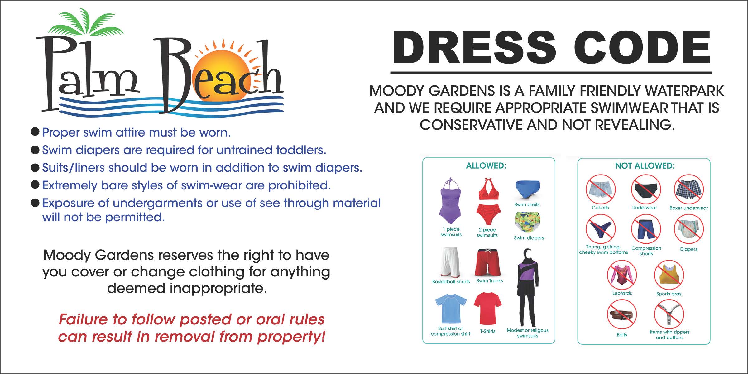 A graphic displaying the dress code for Palm Beach at Moody Gardens