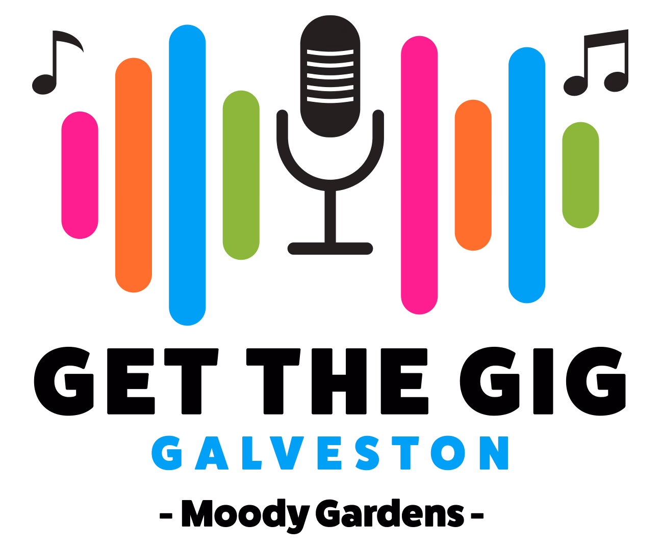 Colorful sound wave bars with a microphone icon and text 'Get The Gig Galveston'.