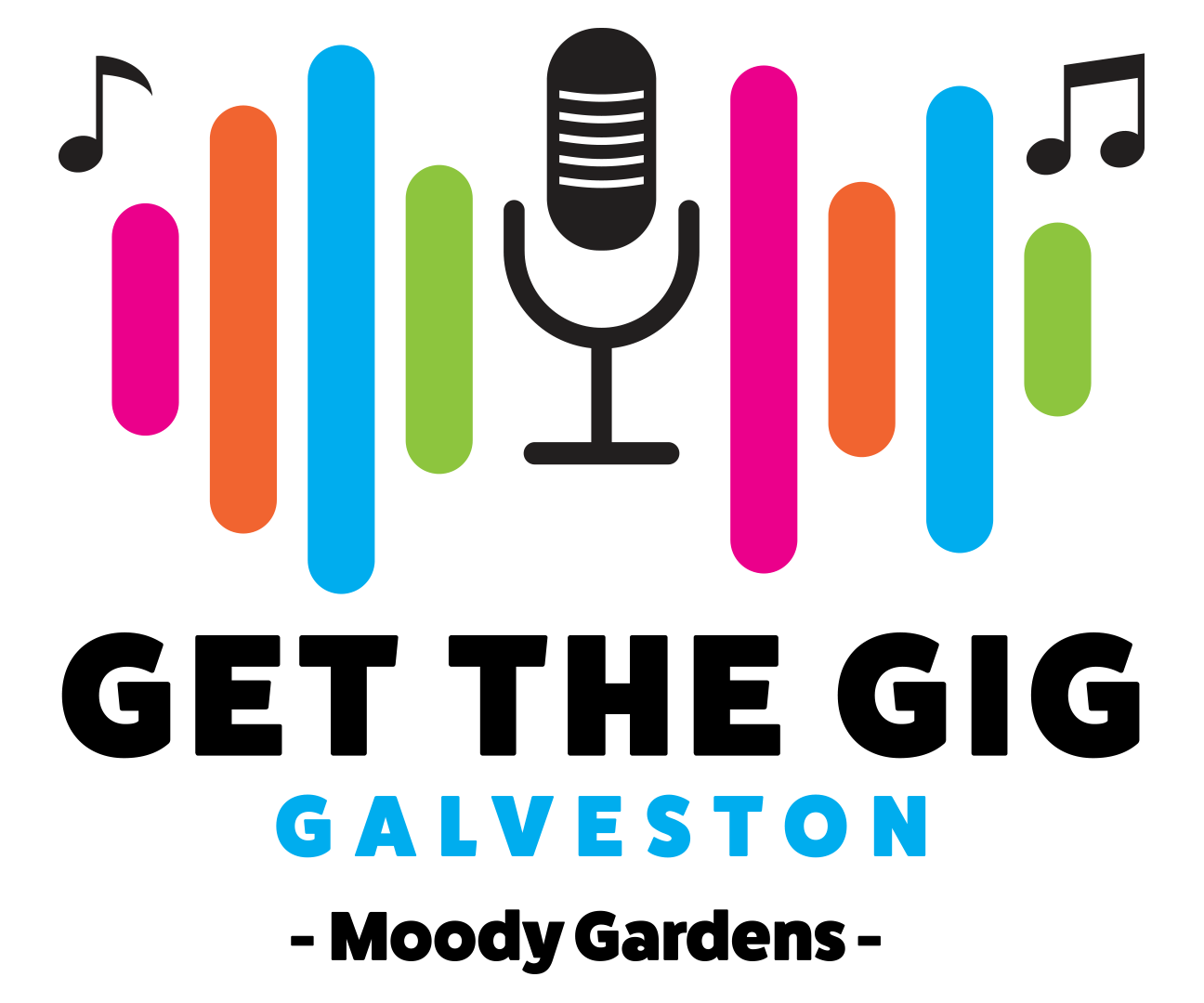 Colorful sound wave bars with a microphone icon and text 'Get The Gig Galveston'.